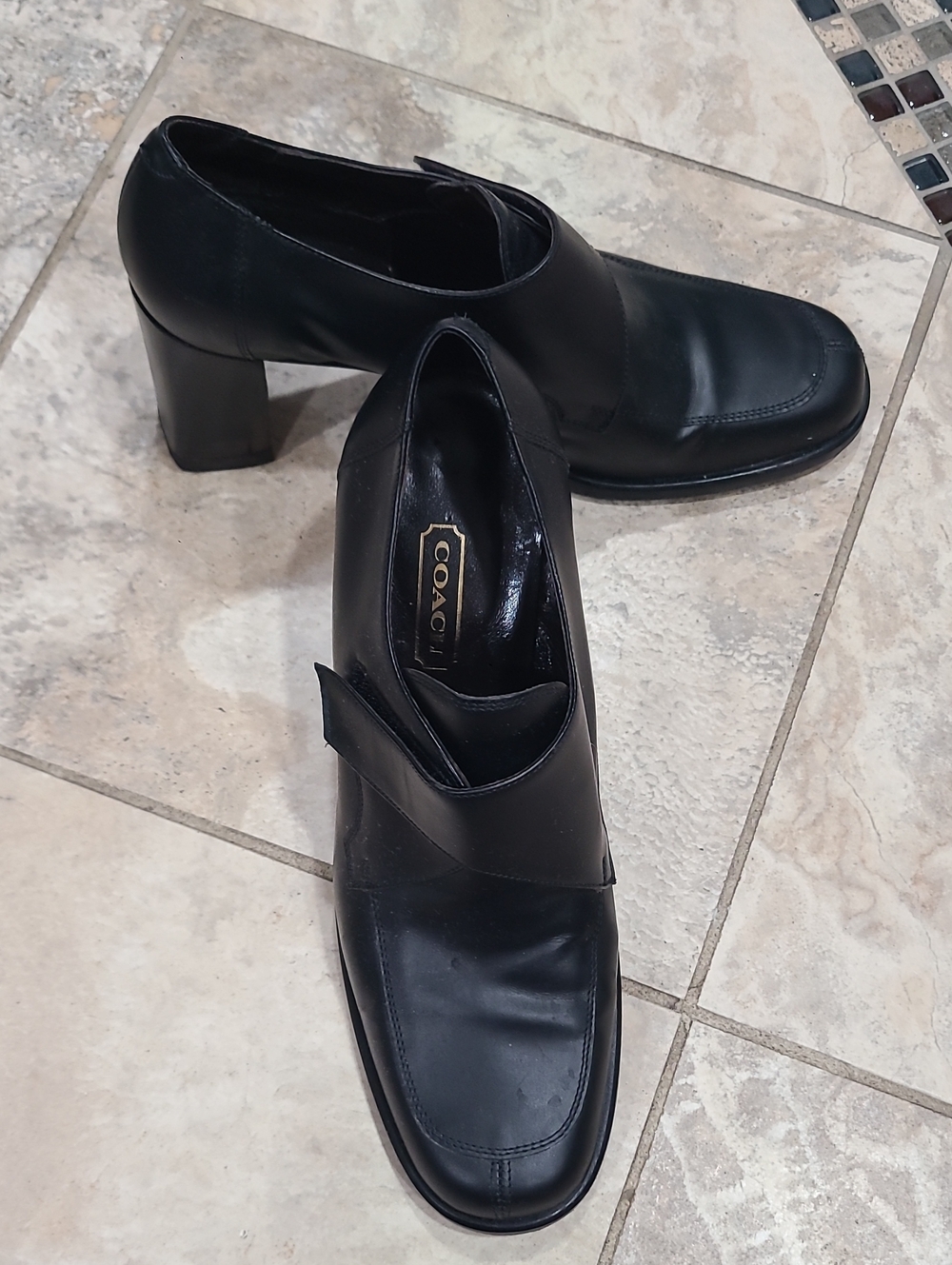 Coach Black Leather Women's Block Heel Slip-On Loafers 3" Heel